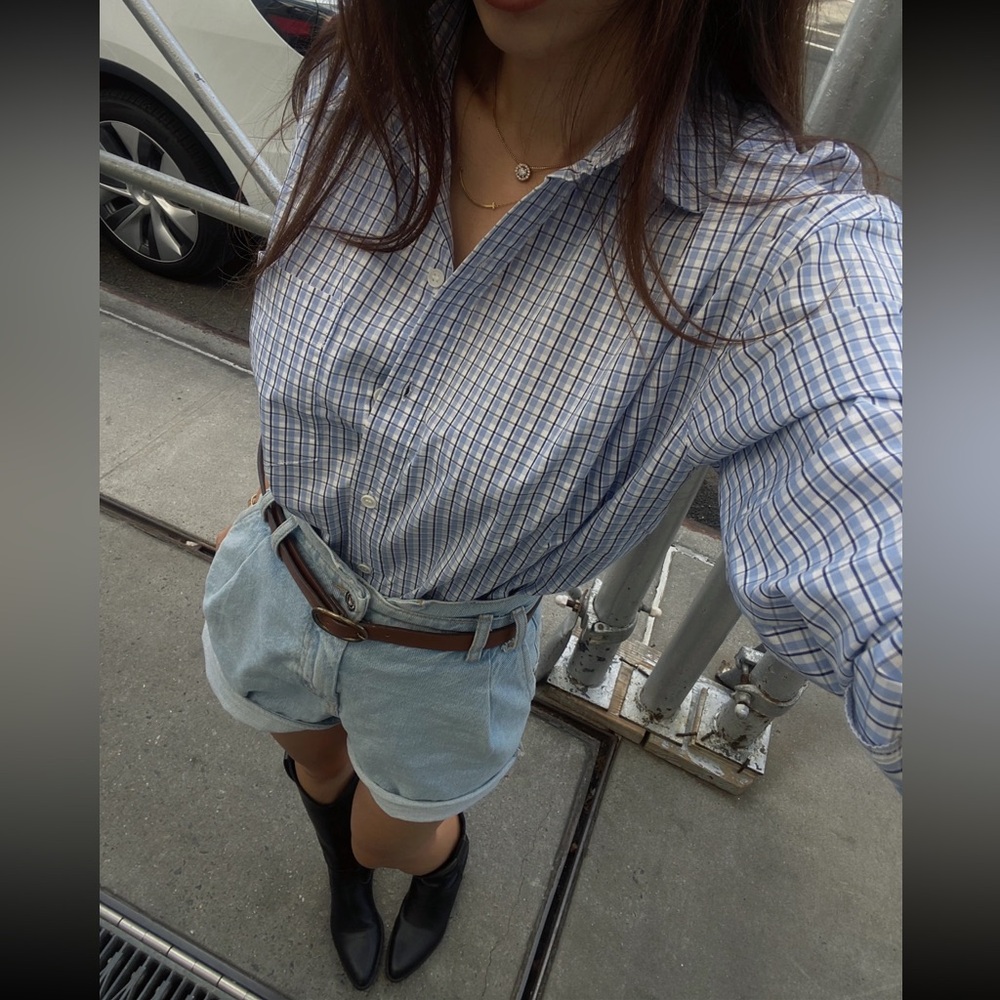 H&M blue & white plaid button up oversized shirt